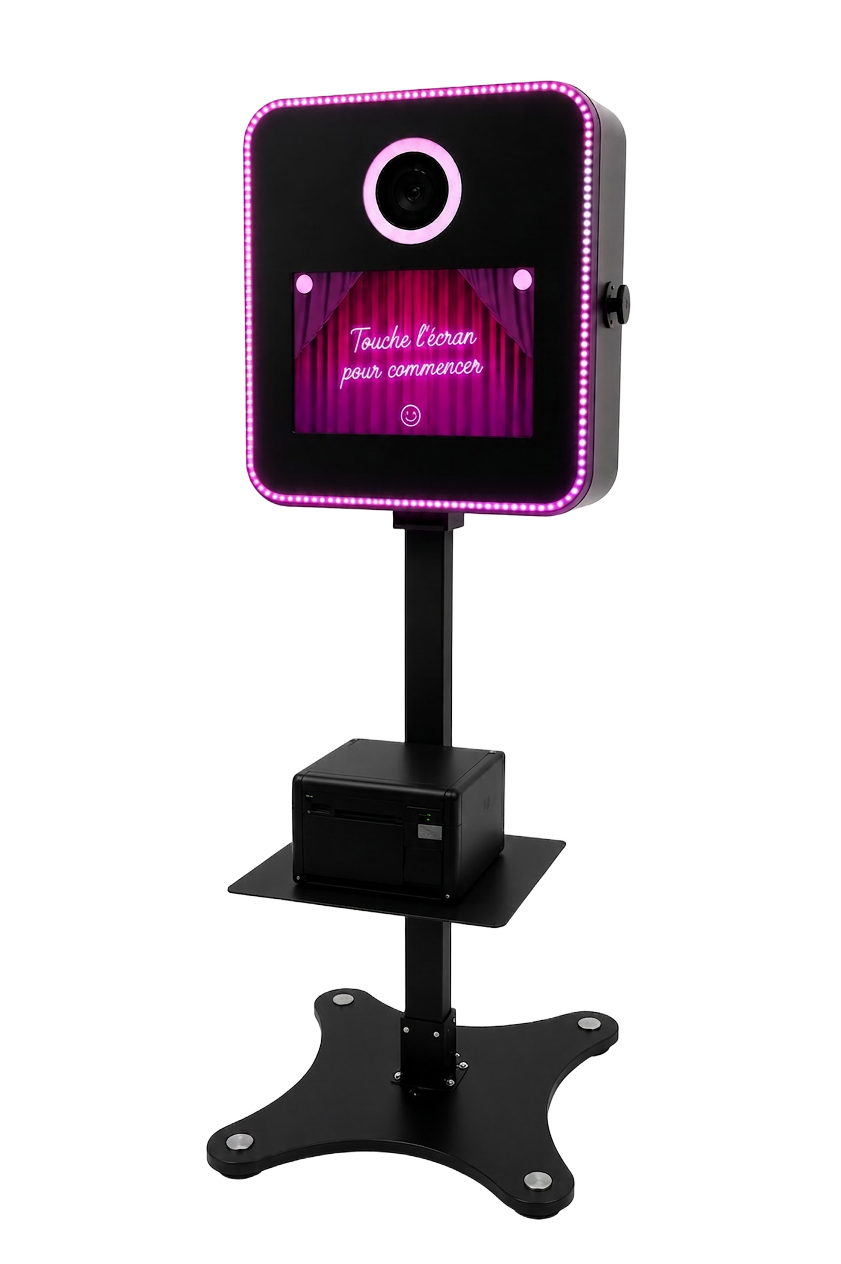 Photobooth Photoboosté — borne tactile avec anneau LED personnalisable et imprimante intégrée